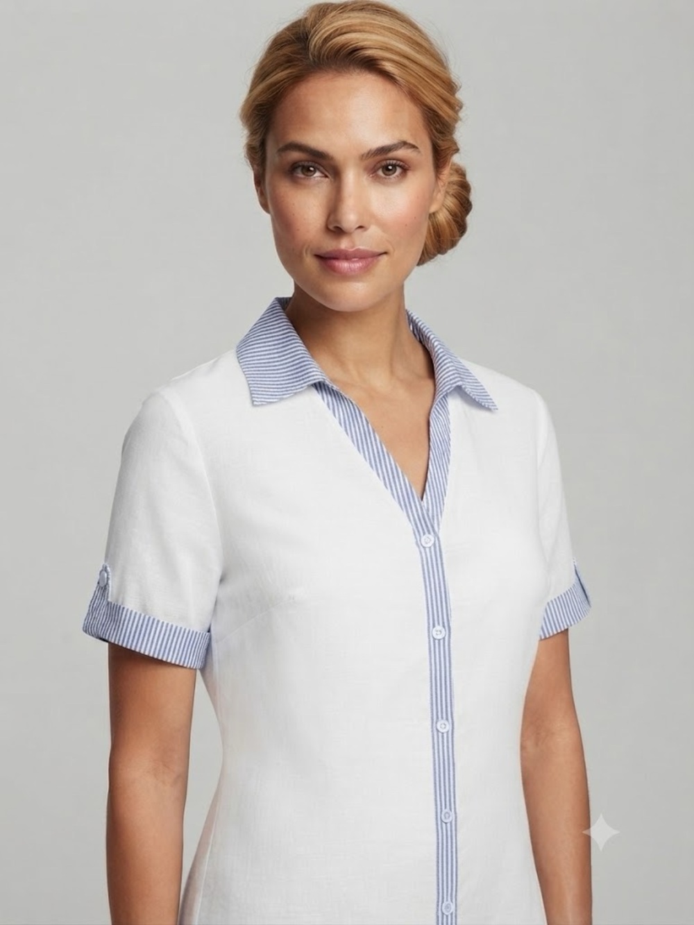 White Button-Front Short Sleeve Shirt with Blue Stripe Trim
